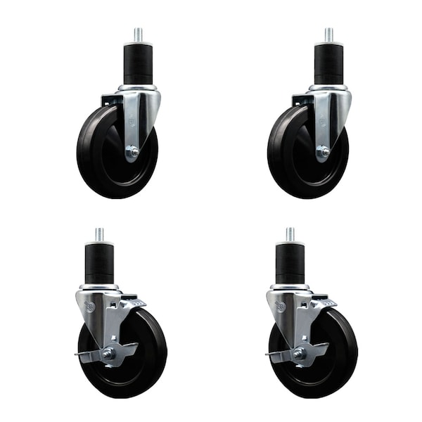 5'' Soft Rubber Wheel Swivel 1-3/4'' Expanding Stem Caster Set 2 Brakes, 4PK